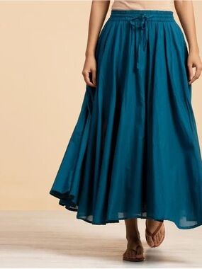 Organic Cotton Flowing far azul blue Maxi Skirt with Elastic Waist and pockets